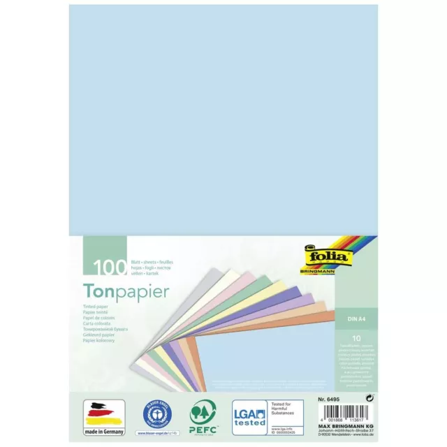 FOLIA Tonpapier DIN A4 130g 100 Blatt in 10 Pastell Farben sortiert