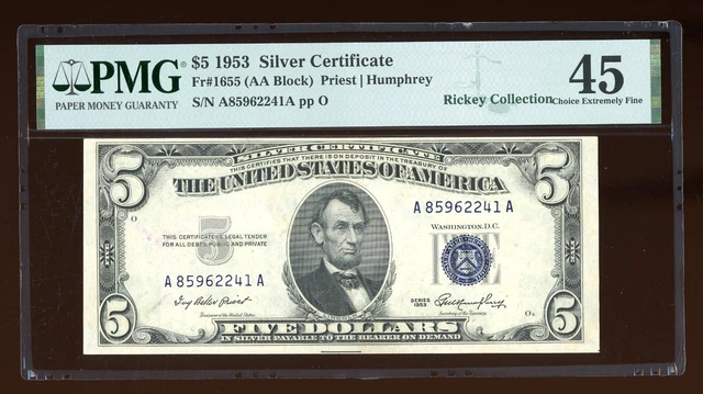 DBR $5 1953 Silver Fr. 1655 AA Block PMG 45 Serial A85962241A