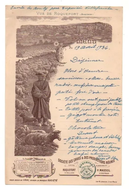 Menu 19 avril 1936 Société des caves & des producteurs réunis Roquefort Société