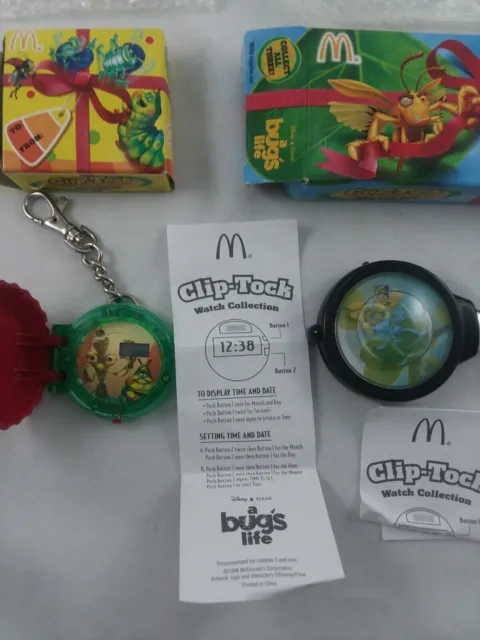 Two Vintage Disney McDonalds 1998 A Bugs Life Clip Tock Watches, NEW 3