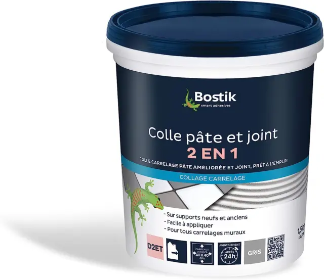 Bostik Colle Pâte Et Joint 2 En 1 – Colle Carrelage Mural Améliorée 1,5 Kg