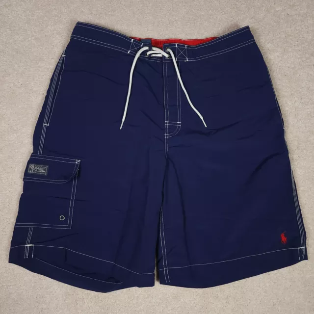 Polo Ralph Lauren Board Shorts Mens Medium Blue Red Pony Lined Cargo Pocket