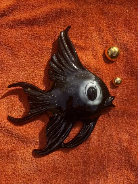 Vintage 60s 12 In Tropic Treasures Black Gold Ceramic Hanging Fish with Bubbles