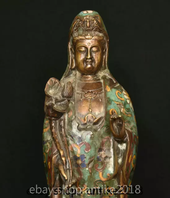12" Old Chinese Bronze Cloisonne Stand Fengshui Kwan-yin Guan Yin Goddess Statue 2