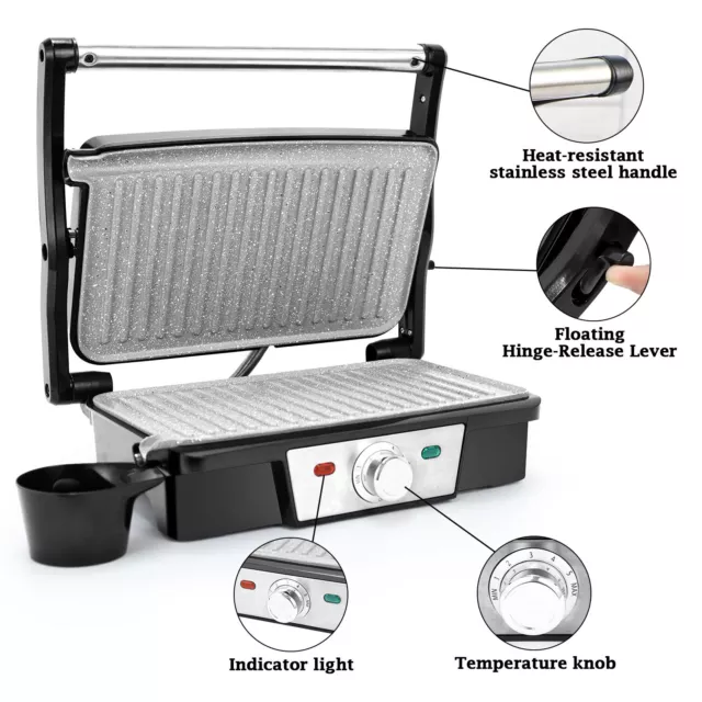 180° Fold-Out Health Grill Panini Press Machine Electric Sandwich Toaster Maker 3