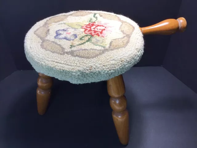 VTG 3 Leg Milk Stool Footstool El Segundo Calif Authentic wood products Hook Rug