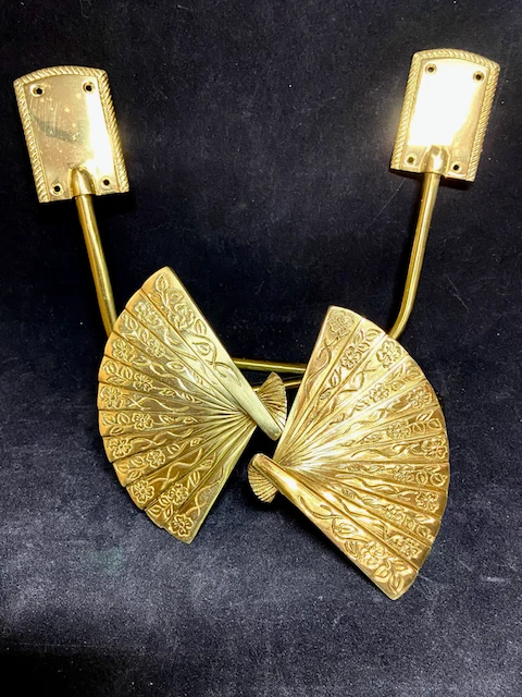 New Vtg. Mid Century Brass Asian Fan Curtain Tie Back Holders~Pair~11x5.5x4"