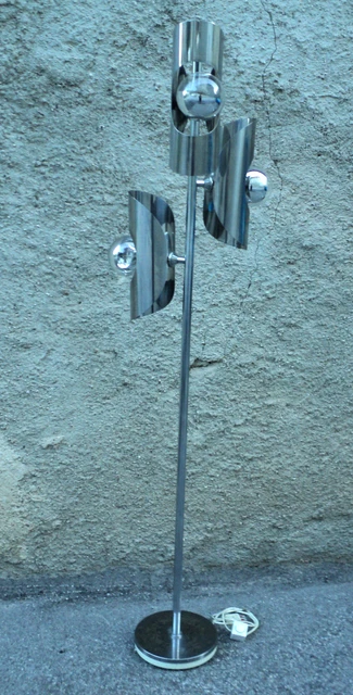 Piantana Lampada Da Pavimento Vintage Anni '70 In Acciaio Con Asta Cromata