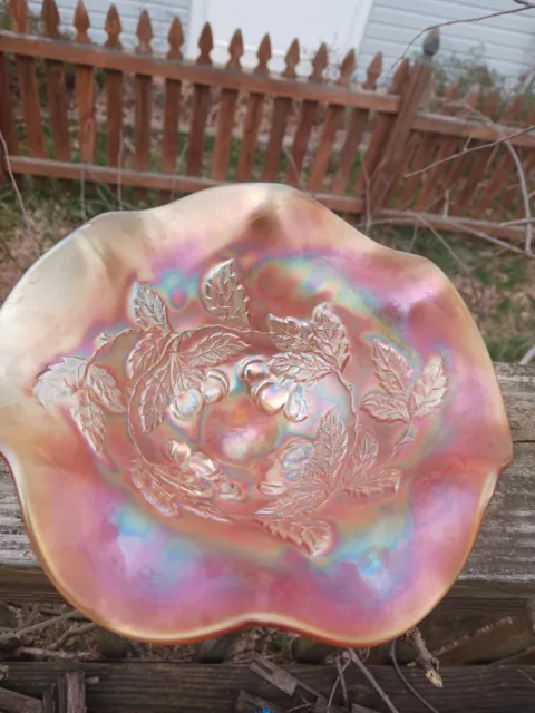 Vintage DUGAN Carnival Glass  Iridescent Marigold Cherry  3 Footed Bowl