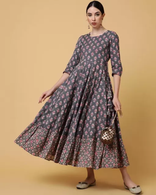 Indian Women Gray Floral Printed Flared Anarkali New Long Dress Kurta Kurti