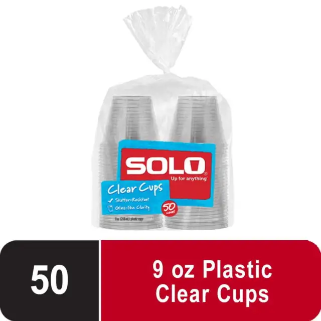 NEW Solo Disposable Plastic Cups Package, Clear, 9oz, 50 Count Party Host Event