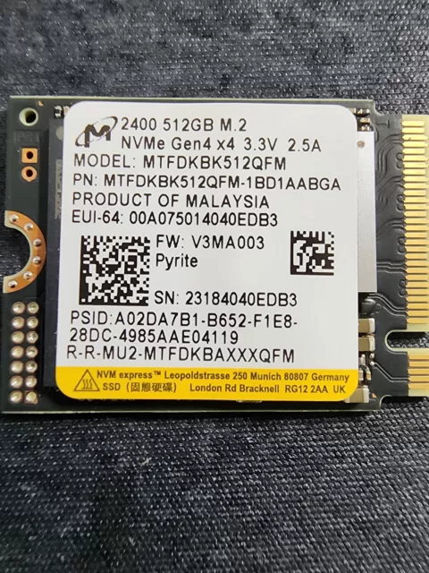 Micron 2400 512GB M.2 NVMe Gen4 x4 3.3v 2.5a - Steam Deck o ROG Ally