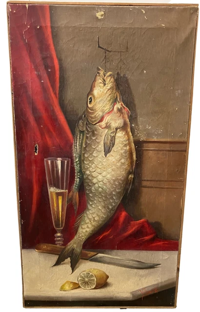 Antiguo bodegón de 1897, con un pescado, un limón y un cuchillo. Villasante. 67x