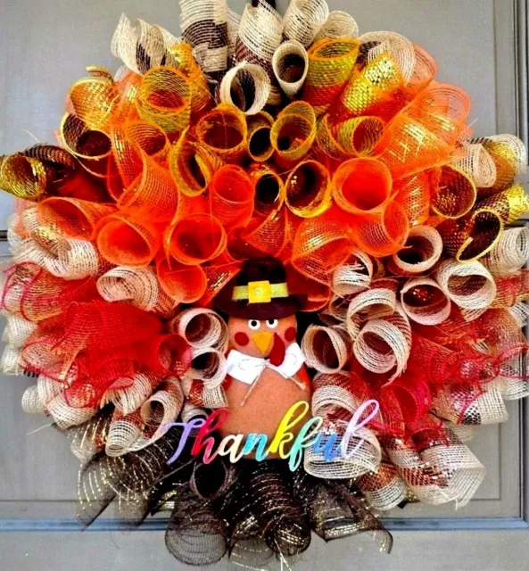 Large 24" Handmade Thanksgiving Wreath Fall Deco Mesh Turkey Front Door Decor