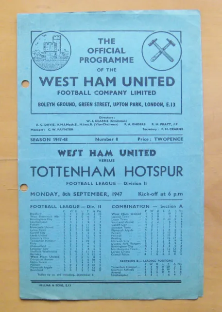 WEST HAM UNITED v TOTTENHAM HOTSPUR 1947/1948 Good Condition Football Programme