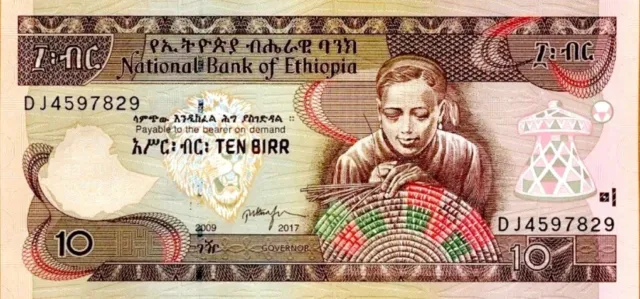 Ethiopia 10 Birr Banknote 2009 / 2017. Ten Birr Bill Circulated Condition