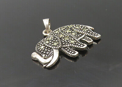 925 Sterling Silver - Vintage Marcasite Elephant Motif Drop Pendant - PT7512