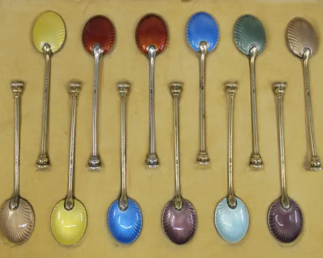 SUCKLING Enameled & Gilt Sterling Cased Set of 12 Demitasse Spoons 3 3/4" 120g