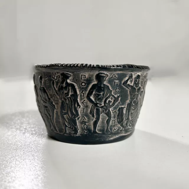 Vintage Carved Stoneware Bowl 2.5” Black Made In Greece Gods Mythology Souvenir