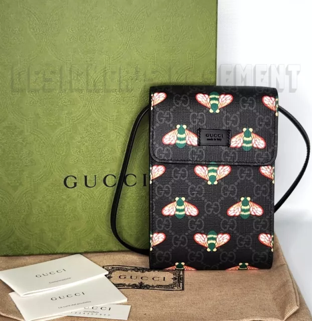 GUCCI black leather BESTIARY Bee GG Supreme Canvas Cross Body PHONE bag NIB Auth