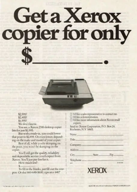 1981 Vintage Print Ad Get a Xerox copier for only $ 2300 desktop Trade-in
