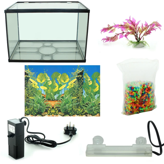 Aquarium Fish Tank Kit 26L Glass Starter Set LED Light Air Pump Filter Net Stone