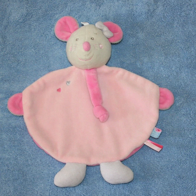 Sucre D'orge Doudou Souris Plat Gris Rose Tetinou Brode Coeurs Lien Etat Neuf