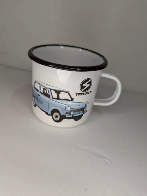 Vintage Trabant Coffee enamel tin cup, mug, white, black rim, great condition