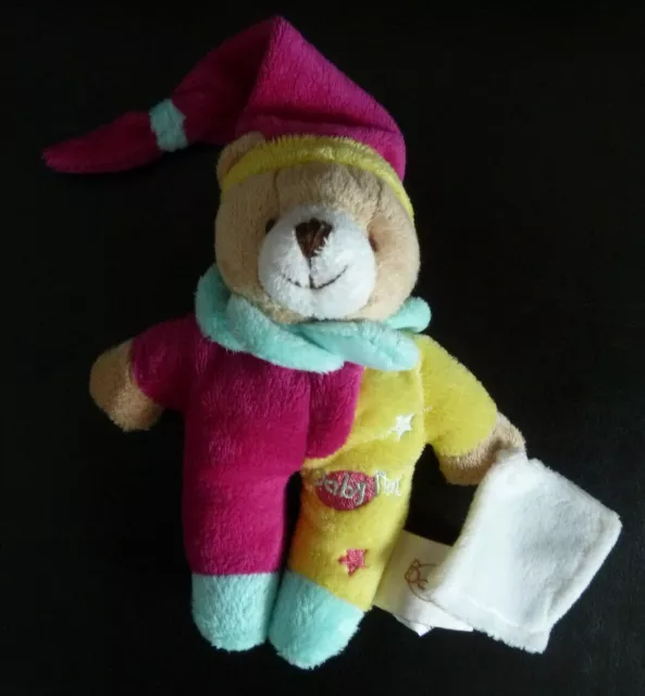 36- DOUDOU PELUCHE BABY NAT babynat OURS MOUCHOIR rose fushia jaune vert ET.NEUF