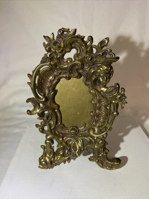 Antique Cherub Angels Putti Brass Rococo Ornate Fancy Easel Stand Picture Frame