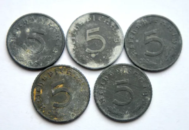 Germany Ww2 Third Reich 5 Reichspfennig 1941, 1942, 1943, 1944 Old Coins Lot