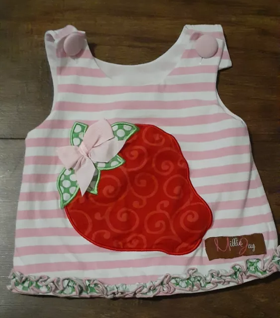 L@@K - Millie Jay Baby Girl Boutique Pink Striped Strawberry Shirt Sz 3 Mths -