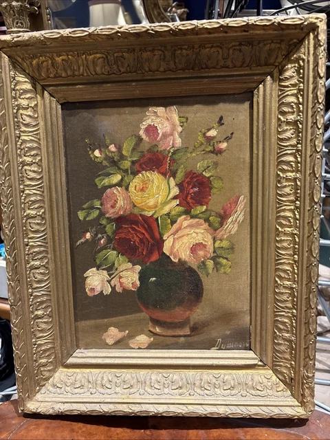 ANCIEN TABLEAU HUILE sur toile nature morte bouquet de fleurs signé EUR ...