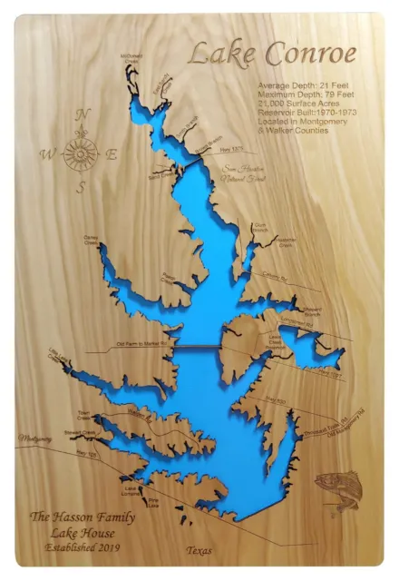 Lake Conroe, Texas  - Laser Cut Wood Map | Wall Art | Made to Order