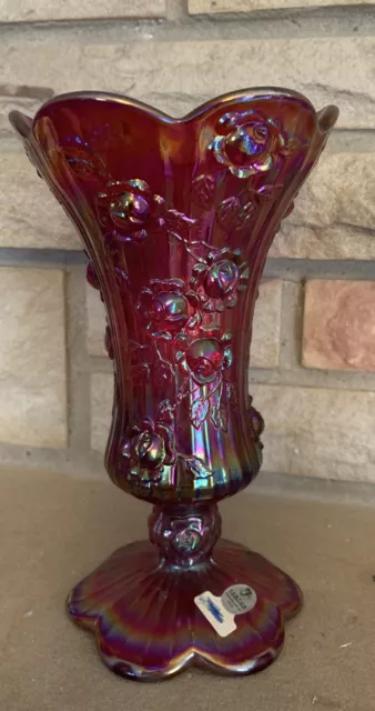 Red Fenton carnival glass vase Cabbage Rose pattern 8.75" tall sticker RARE