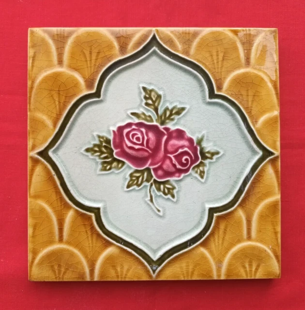 1 Piece Old Art Flower Design Embossed Majolica Ceramic Tiles Japan 0276