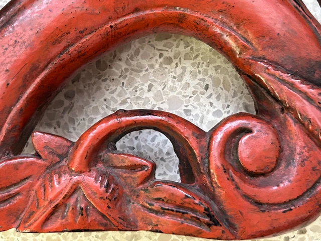 Carved Wooden Teak Red Lacquer Rice Scoop Monkey Burmese Myanmar 18" 7