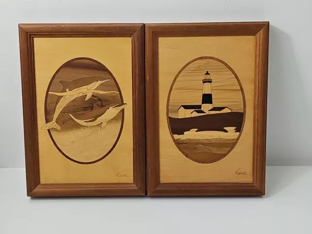 Hudson River Wood Inlay ~ Lot Of 2 ~ Lighthouse ~ Dolphins