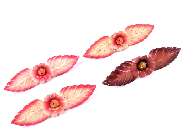 VTG  Curtain Rod Decoration 7" Metal Flower Leaf Old Window Hardware Lot of 4