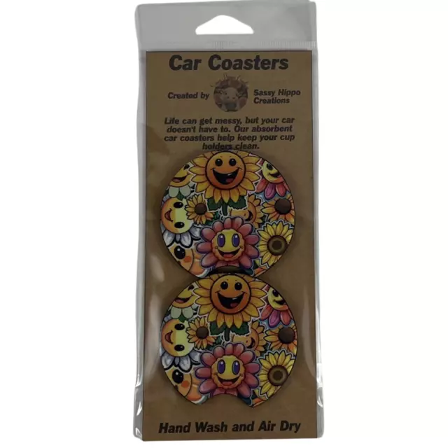 Car Coasters Colorful Smiley Face Flowers Set of 2 Neoprene Absorbent