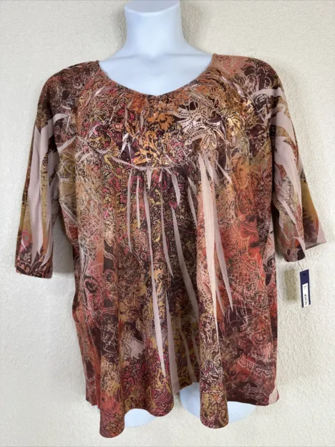 NWT Apt. 9 Womens Plus Size 3X Peach Floral Sublimation Knit Top 3/4 Sleeve