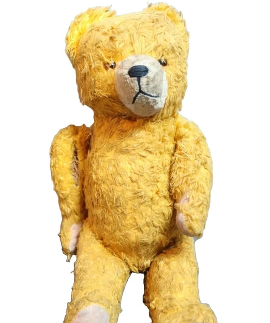 Ours ancien peluche à restaurer - beige, yeux bleus verre, 25 cm