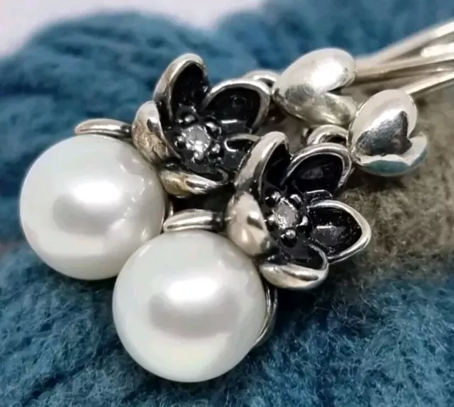 Original Pandora mystische Blumenmuster weiße Perle Tropfen Ohrringe S925 ALE 🙂 SELTEN