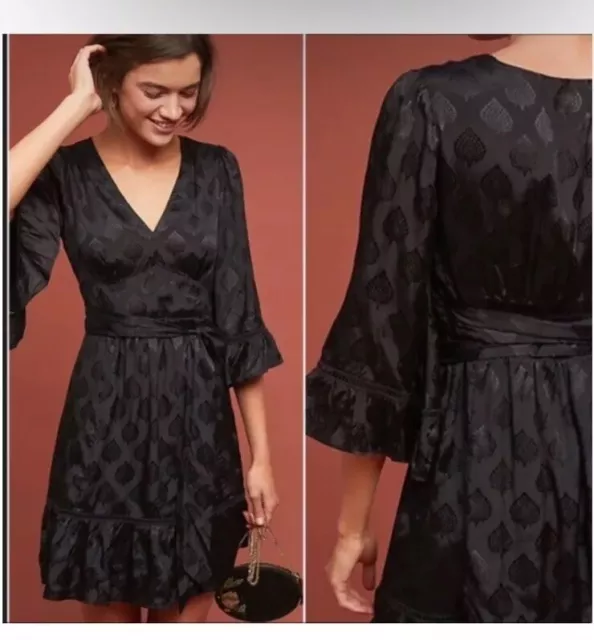 Anthropologie Maeve Christine Black Bell Sleeve Belted Jacquard Dress Sz 4