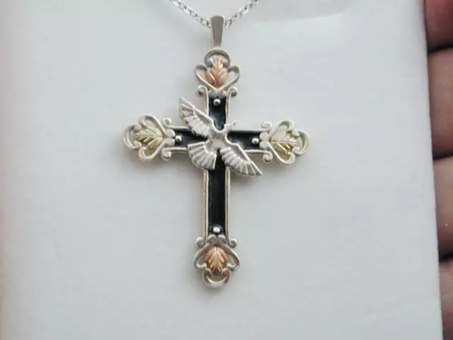 Antiqued Sterling Rose Yellow 12k Gold Coleman Co Cross With Dove Necklace NWOB