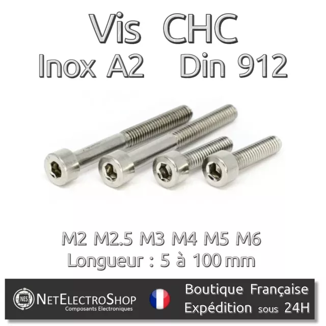 Vis CHC BTR ,Inox A2, DIN 912, 6 pans Hexagonale, M2 M2.5 M3 M4 M5 M6, 5 à 100mm