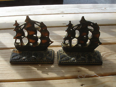 Old Vtg Cast Iron Sailing Ship Bookends Pair of Doorstop Brass Copper Tone