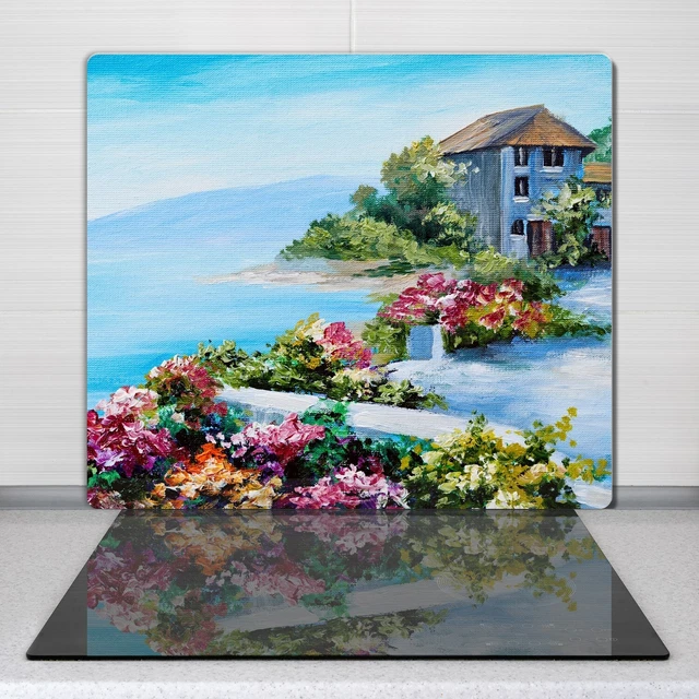 Planche à Découper En Verre Coloray - 60x52 Cm, Motif Peinture à L'huile Bateau Coucher De Soleil
