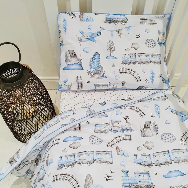 TODDLER BOYS BEDDING Set Duvet Cover Cotton Blue Grey Cot Bed