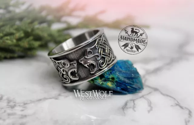 Wide Band Wolf or Bear Knot Ring - US Sizes 9/10/11/12/13 - Viking/Celtic/Fenrir